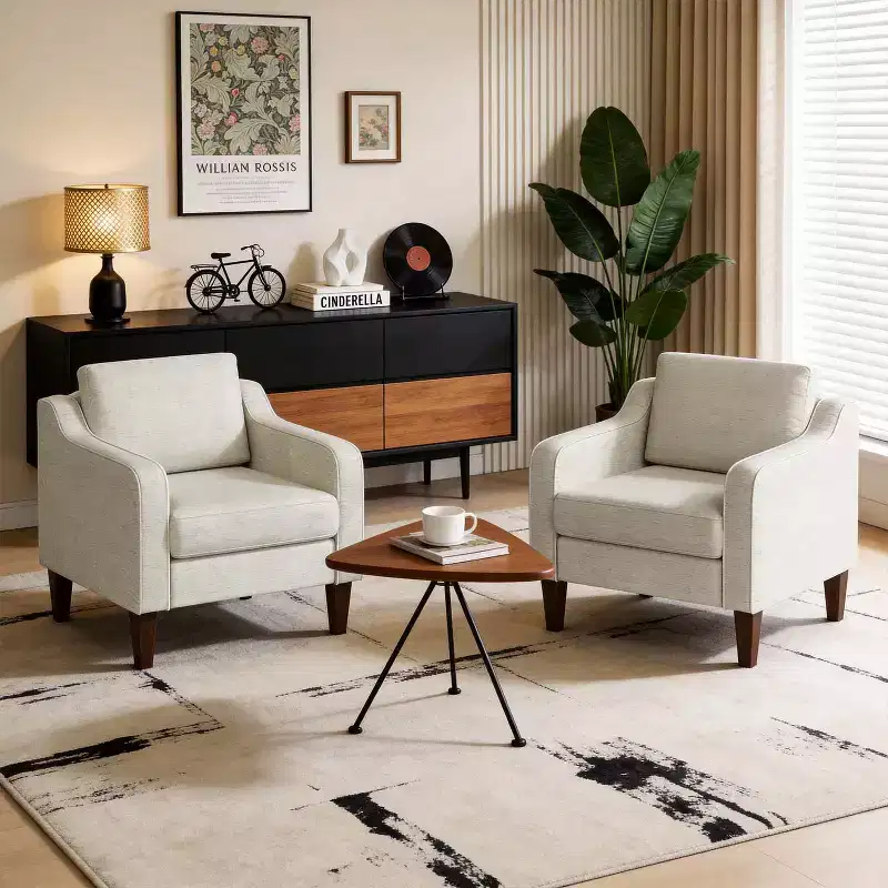 Accent Chair, Beige Linen Fabric Upholstered Armchair with Scooped Arms, Comfortable Single Sofa Chair for Living Room, Bedroom, Apartment, Office