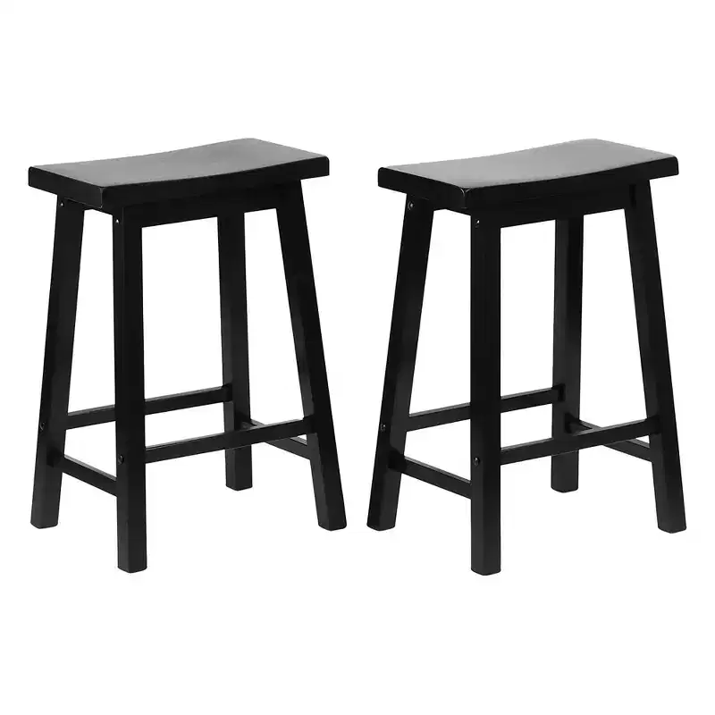 PJ Wood Classic Saddle-Seat 24 Tall Kitchen Counter Stools for Homes, Dining Spaces, and Bars w/Backless Seats, 4 Square Legs, Black (Set of 10)