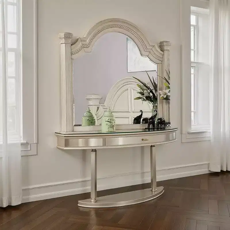 Royal Hampton Dresser Mirror, Reeded Posts, 49 Inch Antique White Bell Frame