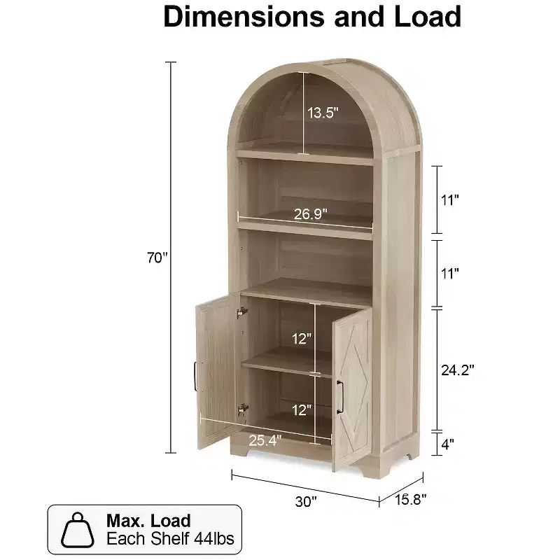 Dyonery 70high arched storage cabinets, 5-shelf modern arched cabinets with doors and adjustable shelves, wooden multifun ctional round top cabinets