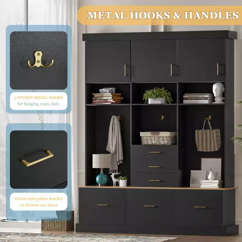 75H Entryway Hall Tree With Storage Bench, Freestanding Coat Rack with 6 Drawers & 3 Cabinets, Wooden Entryway Bench for Living Room Mudroom
