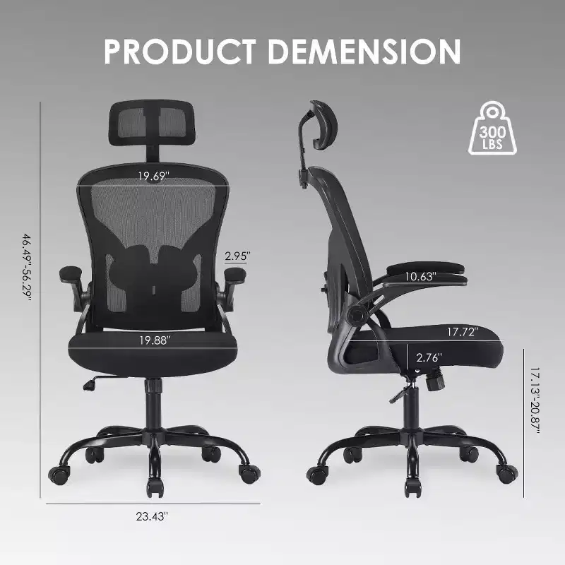 Ergonomic Office Chair - Swivel, Mesh Back, Adjustable Lumbar, Flip-Up Arms, Headrest, 350 lb