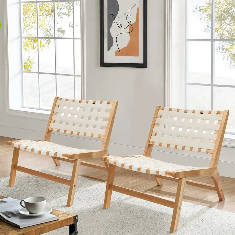 Natural Rubberwood with White PU Leather Low Profile Armless Accent Chair, Set of 2 - 28.5 H x 26.3 W x 26.5 D