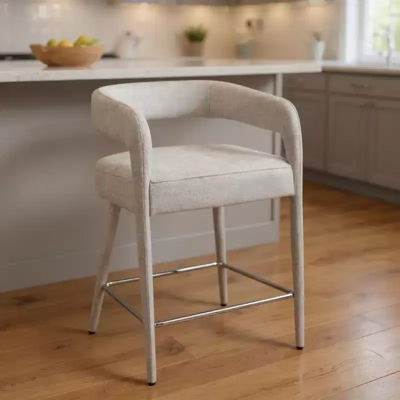 25 Ivory Metal and Fabric Low Back Counter Height Bar Chair