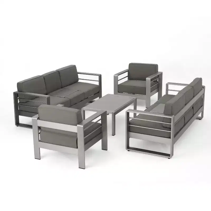 Christopher Knight Home Eleanor Outdoor Aluminum 8 Seater Chat Set with Cushions, Khaki/Silver