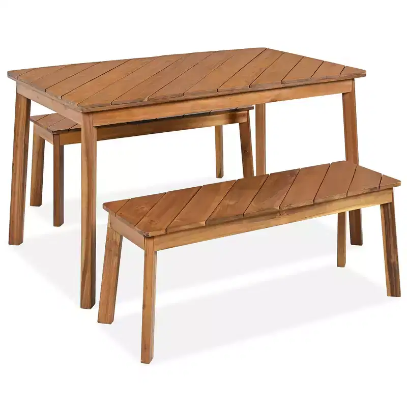 GDFStudio Lucas Patio Modern Acacia Wood 3-Piece Dining Table Set with Two Benches