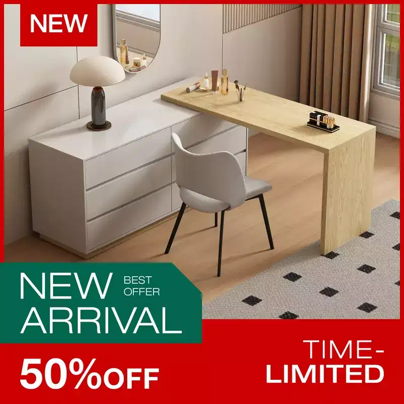 Mid-Century Modern Retractable Vanity Table, Dresser and Storage Cabinet, Natural Wood Color