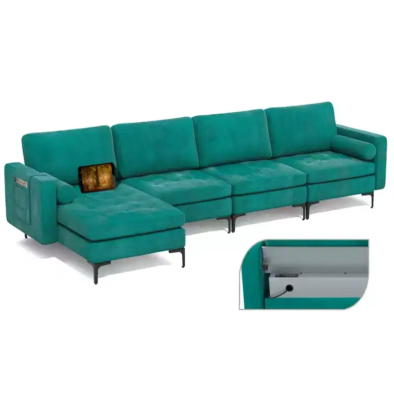 Costway Modular L-shaped Sectional Sofa w/ Reversible Chaise & 4 USB Ports Teal