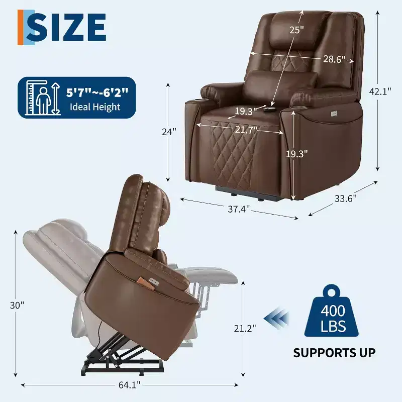 Power Lift Recliner Chair in PU Leather with Charging Ports, Cup Holders, Electric Stand Assist and Remote Control, Brown