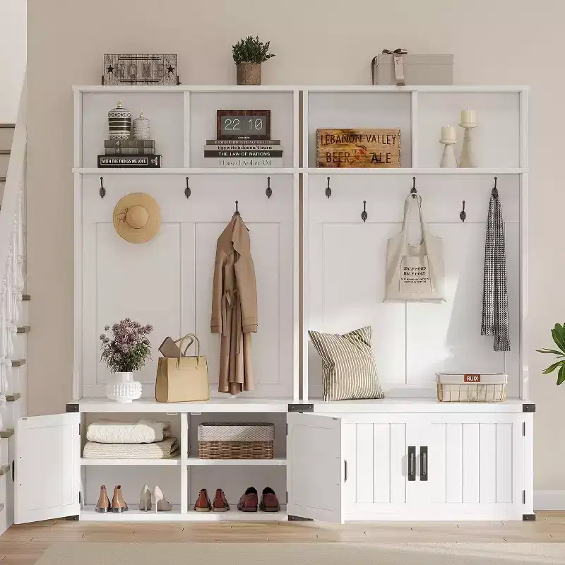 76 Hall Tree with Bench, Shoe Storage, Coat Rack & 5 Hooks, Adjustable Shelf, Entryway Organizer, White, Space Saving