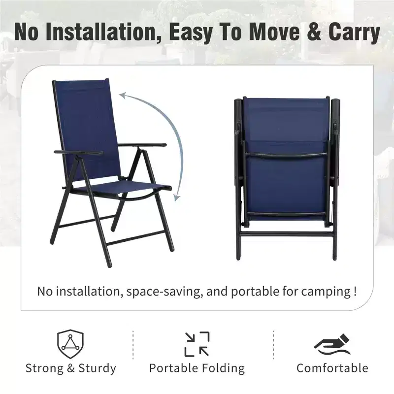 Captiva Designs 9pc Patio Dining Set with Slat-top Adjustable Steel Rectangle Table & Sling Foldable Chair