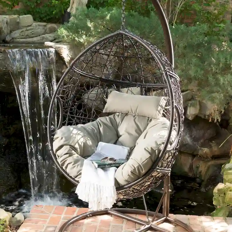 Wicker Hanging Basket Chair with Water-Resistant Cushions – 300 lbs Capacity