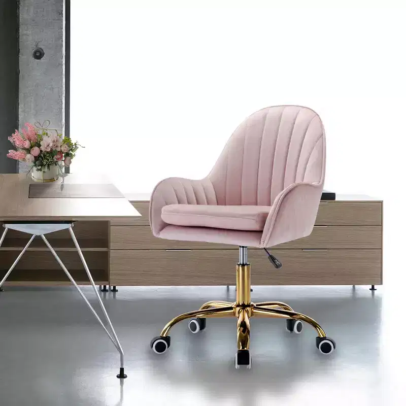 Okak Velvet Office Chair, Cute Desk Chair with Golden Metal Base, Vanity Chair for Living Room, Vanity Room, Study, Pink