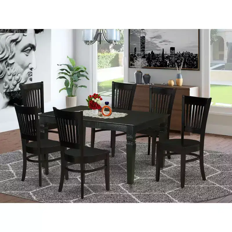 HomeStock WEVA7 Black 7 Piece Rectangle Dining Room Table Set with 6 Chairs