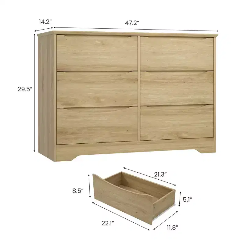 6 Drawer Dresser for Bedroom, Modern Chest of Drawers, Wood Storage Double Dresser with Deep Drawers for Living Room, Hallway Entryway