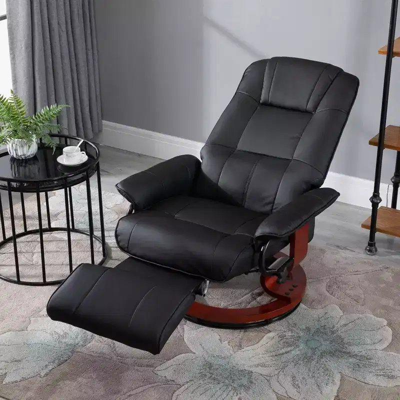 Faux Leather Manual Recliner, Adjustable Swivel Lounge Chair with Footrest, Armrest and Wrapped Wood Base for Living Room