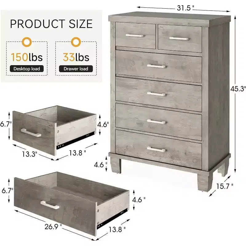 6 Drawer Tall Dresser, Modern Chest with Metal Handles, Vertical Storage Organizer for Bedroom and Closet