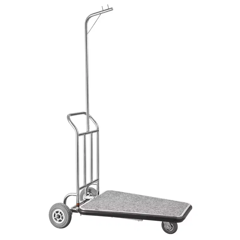 Luggage Cart, 600 LBS Load Capacity, 3 Wheel Stainless Steel Bellman Cart, Valet Cart with Grey Carpeted Deck and Rubber Wheels, Silver