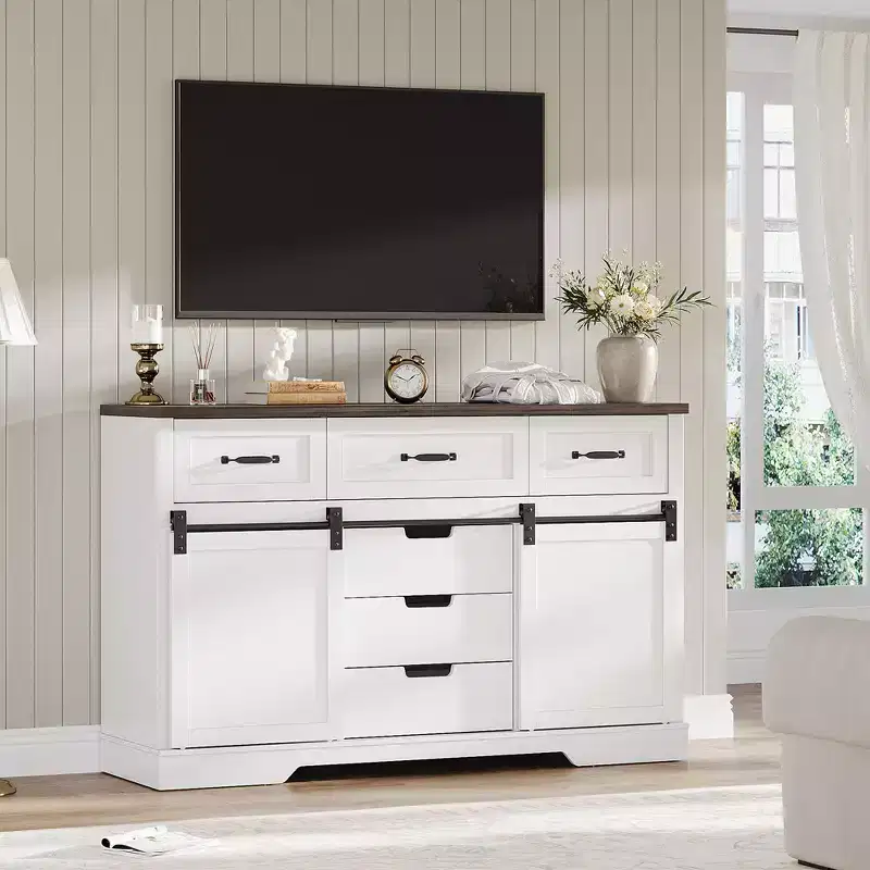 Wooden Storage Cabinet for Bedroom with 6 Drawers Sliding Barn Door White