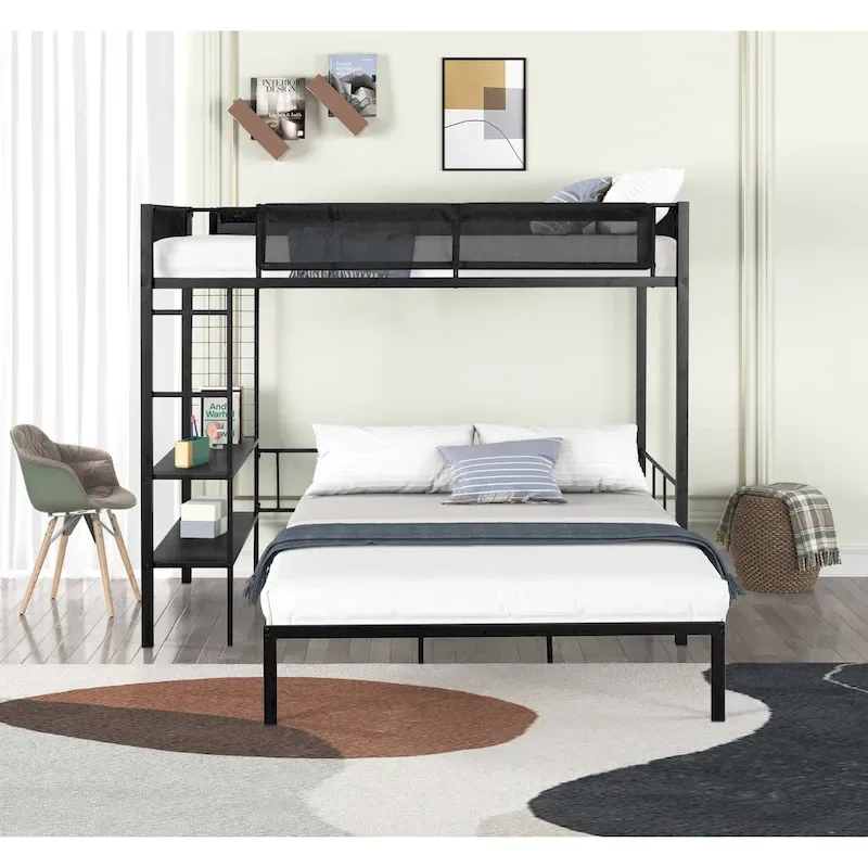Twin over Full Bunk Bed with Shelves and Grid Panel