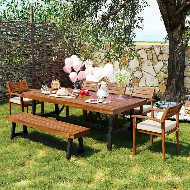 Roomfitters GO Outdoor Wood Dining Set For 7-8 Person, Outdoor Dining Furniture With Removable Cushions