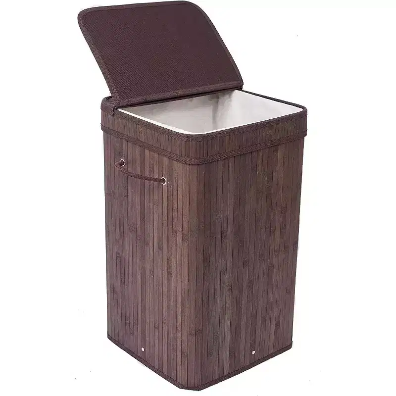Bamboo Square Laundry Hamper with Lid and Cloth Liner, Espresso