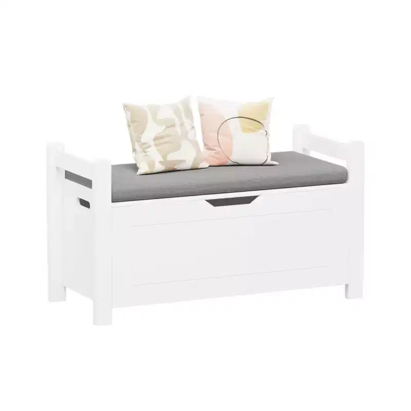 White Storage Bench with Cushion, Entryway Chest, Toy Box & Shoe Organizer with Safety Hinges