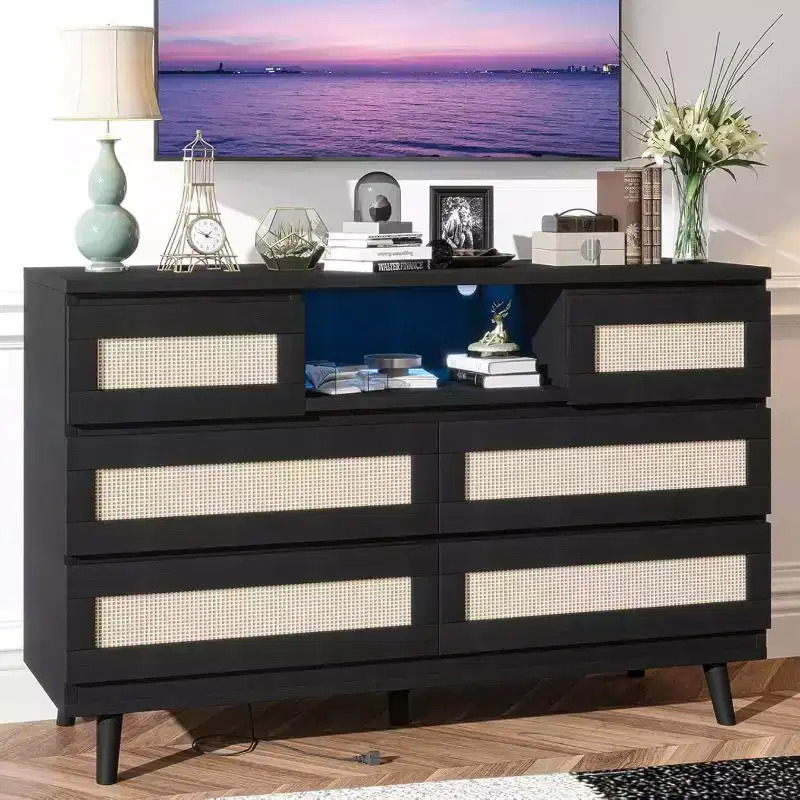 Zstar Rattan 6 Drawers LED Dresser with Charging Station for Closet, Living Room, Hallway