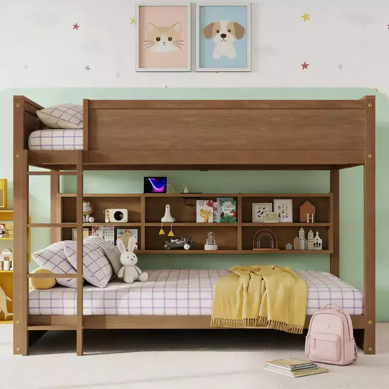 Luxystar Queen Over Queen Wood Bunk Bed with Built-in Storage Cabinets,Charging Station,Ladder and Safety Guardrails