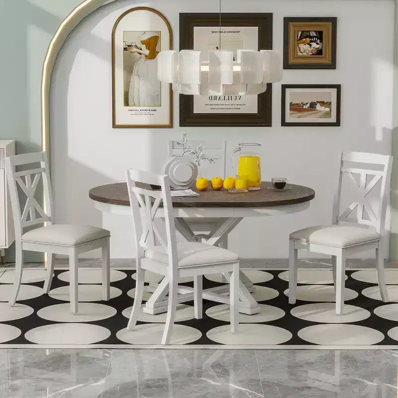 Farmhouse Extendable Round Dining Set for 4, Kitchen Dining Table Set with 4 Upholstered Dining Chairs for Dining Room