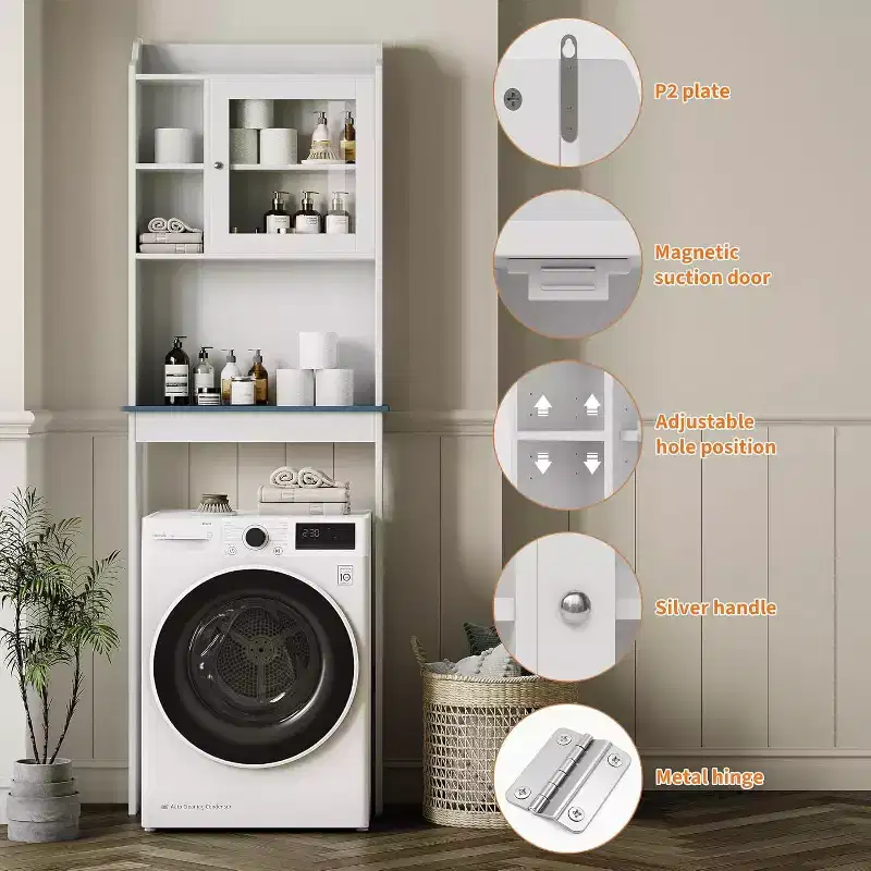 Over the Toilet Storage Cabinet with Adjustable Shelves and Glass Door, Space-Saving over-Toilet Design, Sturdy Waterproof White Finish Glass Doors