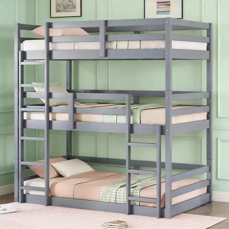 Twin Triple Wood Bunk Bed with 2 Built-in Ladders