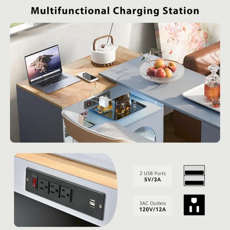 LED Lights Kitchen Island Cart With Extended Table and Power Outlets