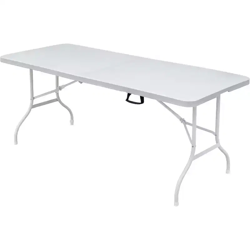 Plastic Folding Table, Portable Fold-In-Half Table with Iron Legs, Carrying Handle, Outdoor Rectangular Fold Out Table for Dining, Picnic, Party