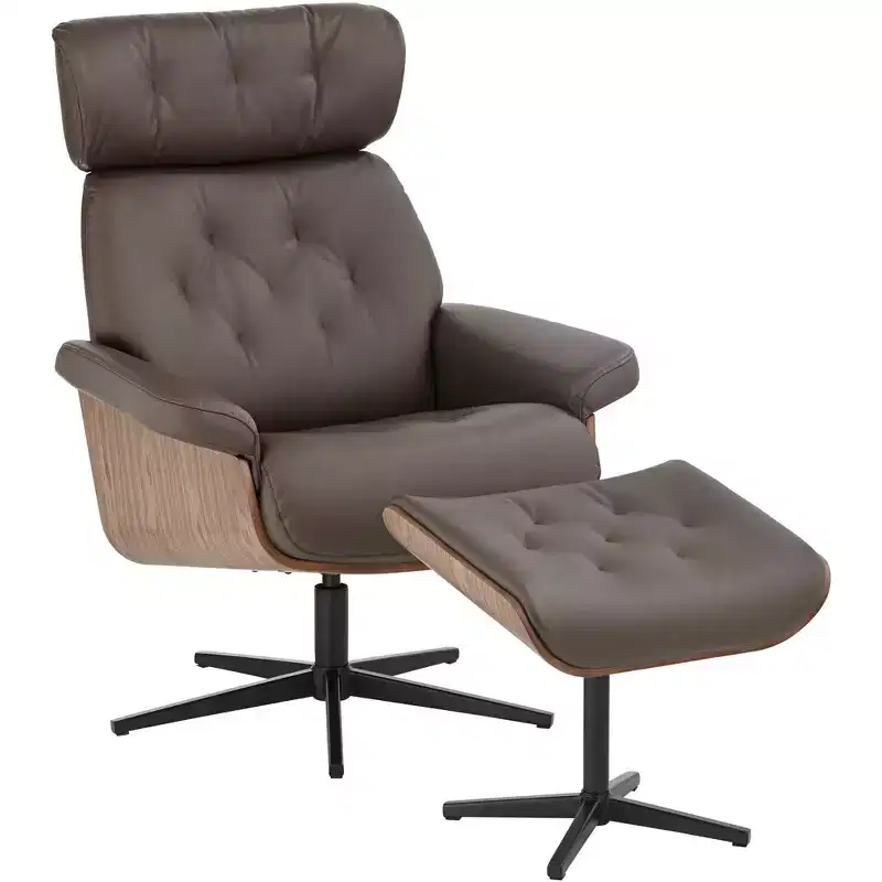 BenchMaster Melia Chocolate Tufted Faux Leather Swivel Recliner and Slanted Ottoman