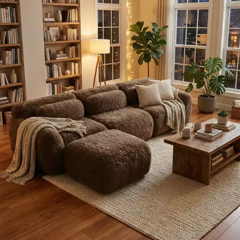 FurnitureR Plush Modular Sectional Sofa with Ottoman, Deep Seat Cloud Couch Upholstered L Shaped Sofa for Living Room, Modern Oversized Couch, Brown