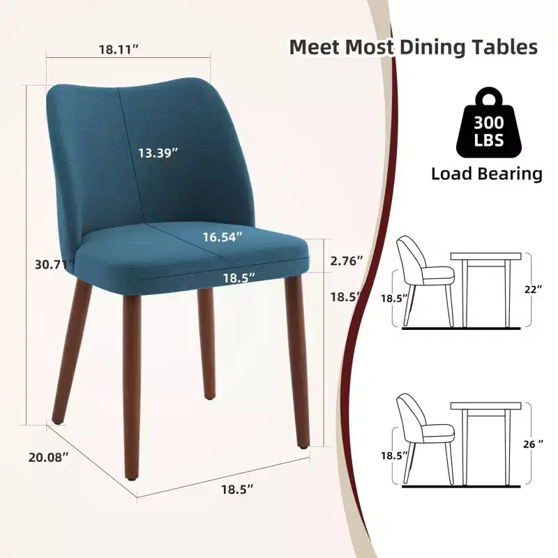 Dining Chair Set of 2, Upholstered Dining Chair with Wood Legs, Wing Backrest, Kitchen Chairs with Thick Cushions