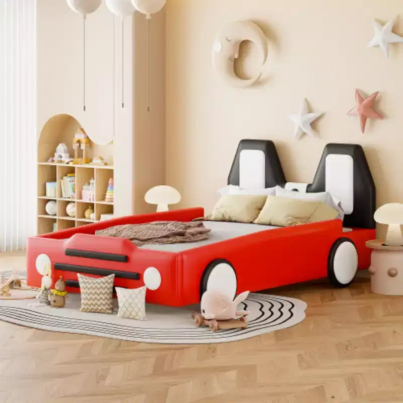 Twin Size Race Car-Shaped Platform Bed with Wheels,Yellow
