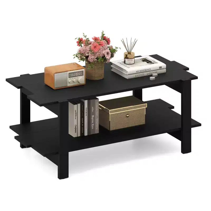 2-Tier Coffee Table with Open Storage Shelf, Irregular Design