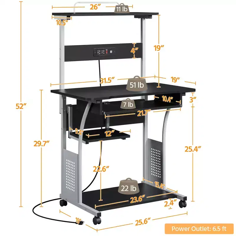 3 Tiers Computer Desk with Charging Station for Home Office