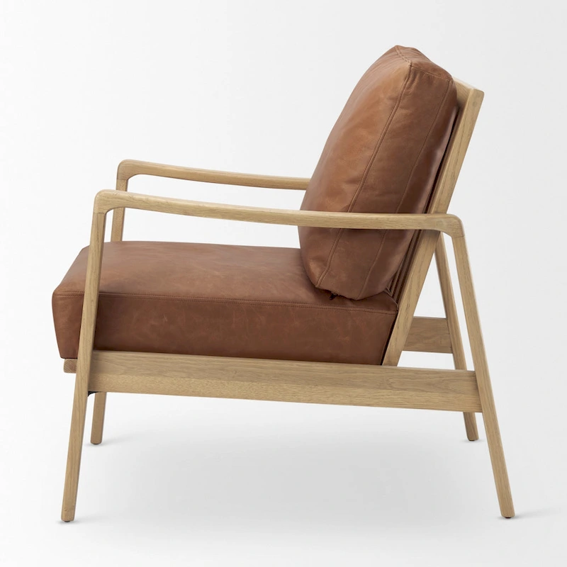 Raeleigh Cognac Brown Genuine Leather w/ Light Brown Solid Beechwood Frame Accent Chair - 27.9W x 34D x 34.4H