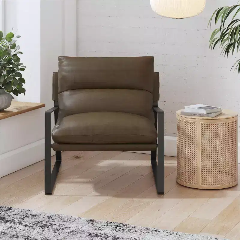 Faux Leather Upholstered Sling Accent Chair with Metal Frame
