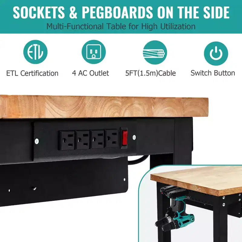 60 Inch Heavy-Duty Workbench - Rubber Wood Top, 3000 lb, Adjustable Height, 2 Drawers, Pegboard, Power Outlets