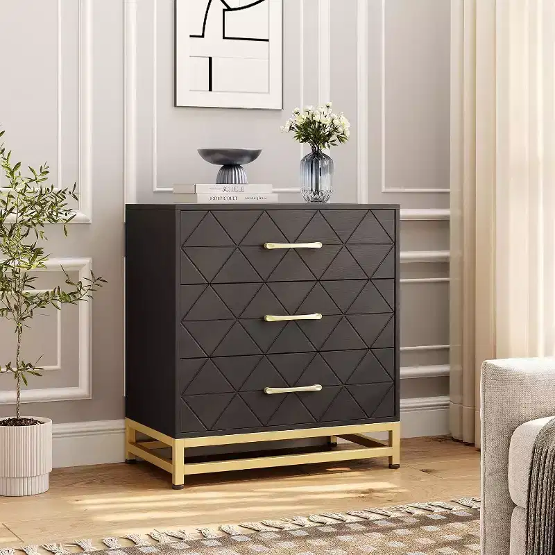 3 Drawer Dresser, Chest of Drawers for Bedroom, Metal Handles and Legs, for Bedroom, Living Room, Entryway, Space Saving