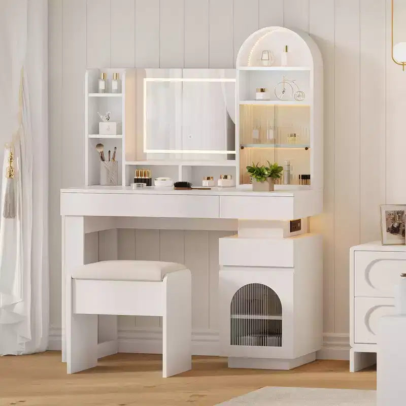 Arched Vanity Desk with Mirror, Large Dressing Table, with 3 Drawers and 11 Storage Shelves, for Bedroom, Living Room