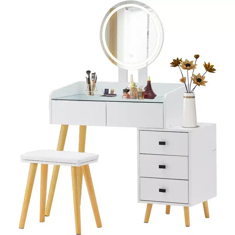 Modern Makeup Vanity Desk with LED Mirror, 5 Drawers, Built-In Power Hub, Glass Top, and Matching Stool for Girls' Rooms