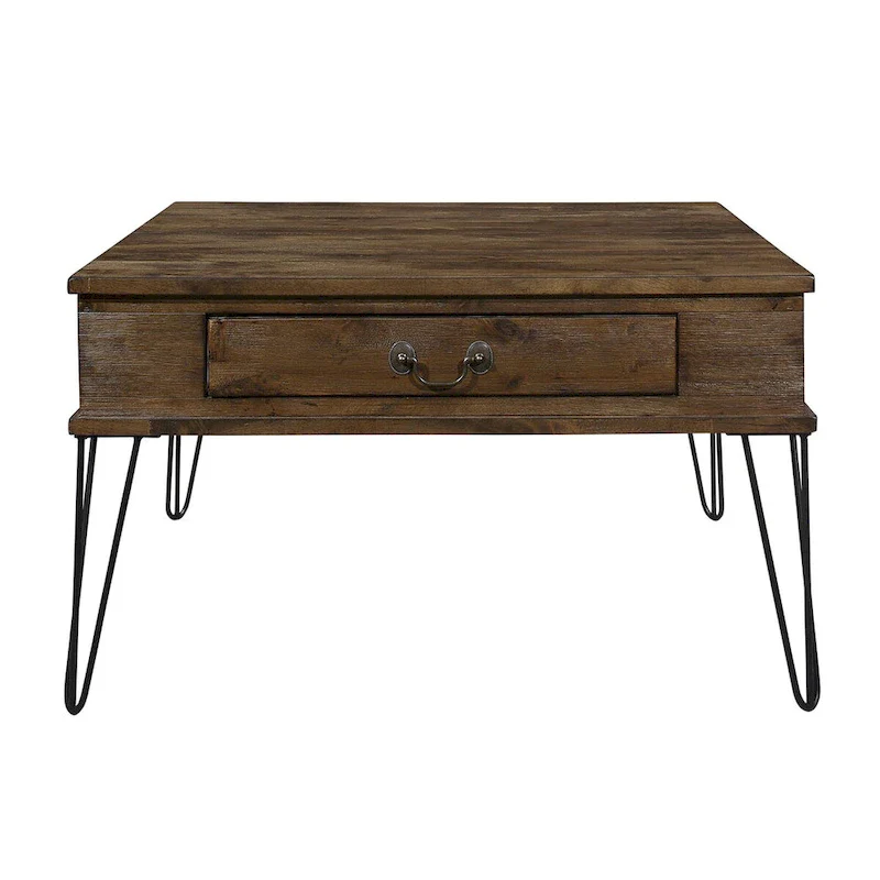 32 Inch Square Cocktail Coffee Table with 2 Drawers, Brown Wood, Black Legs