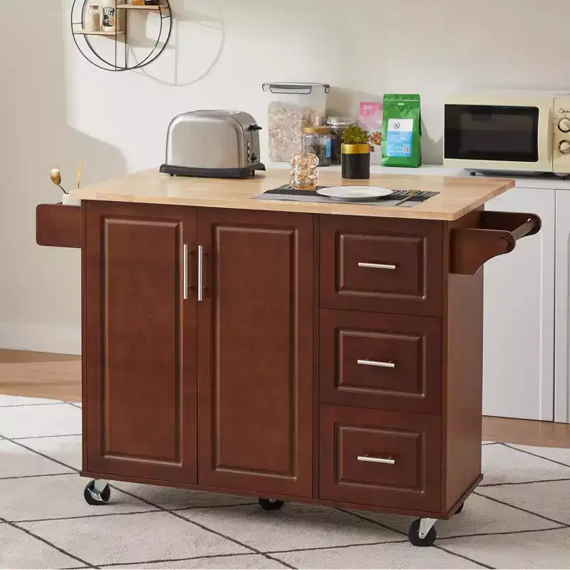 FAMYYT Brown Drop Leaf Wood Top 54 in. Kitchen Island Cart with 3 Drawers Locking Casters and Storage Shelves