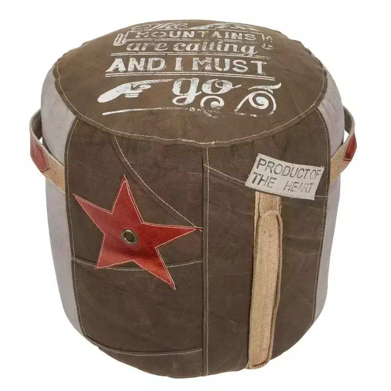 Olivia & May Canvas Pouf with Star Motif Brown: Rustic Unupholstered Round Ottoman, No Assembly Required