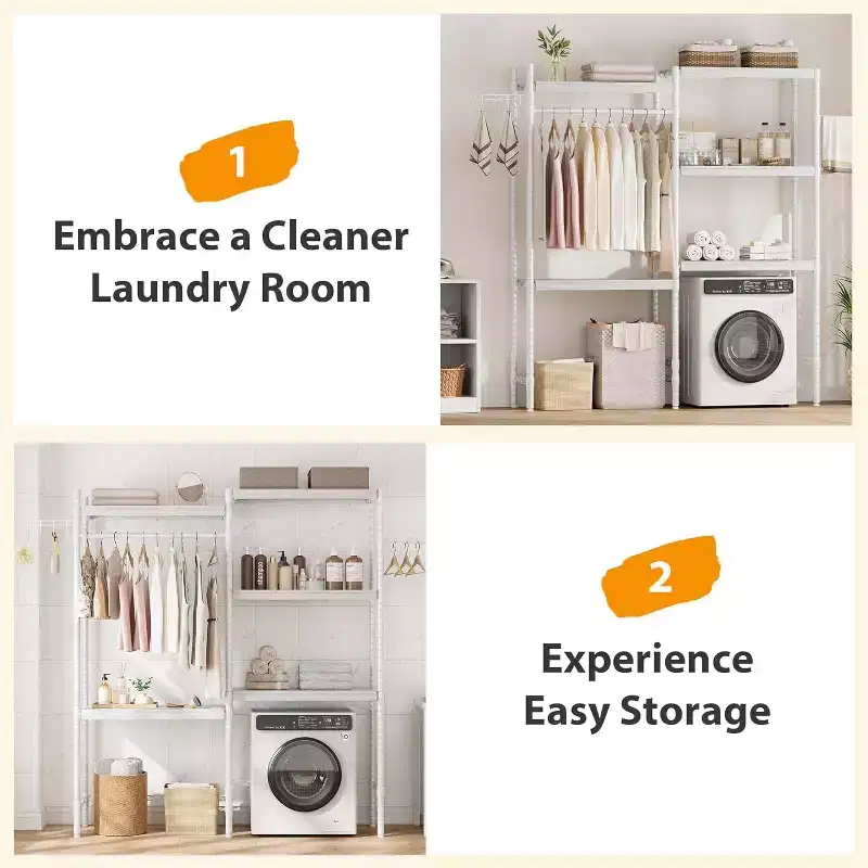 Over The Washer Shelf, 5 Tier Adjustable Height Laundry Room Organizer with Hanger Rod & Hooks, Dryer Storage Shelf
